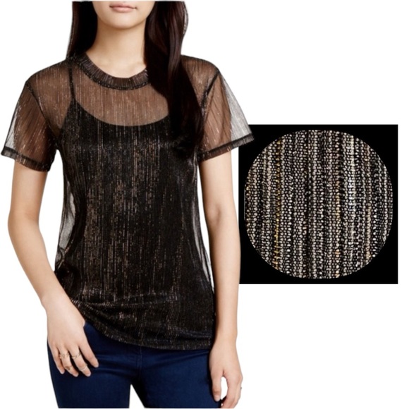 Bar III Sheer Knit Metallic Short Sleeve Crew Neck Blouse - Picture 3 of 9